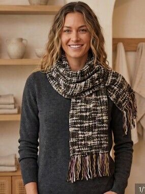 Madison 88~Multicolor Woven Knit Scarf with Tassels • Purple Green White • 60”